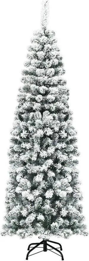 SlickBlue 6 Feet Unlit Hinged Snow Flocked Artificial Pencil Christmas Tree with 500 Branch Tip