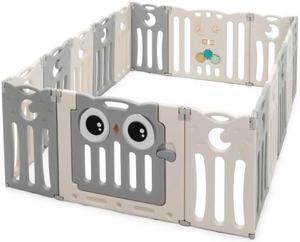 SlickBlue 16-Panel Baby Activity Center Play Yard with Lock Door -Beige