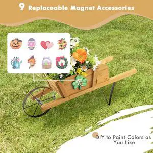 SlickBlue Wooden Wagon Planter with 9 Magnetic Accessories for Garden Yard-Walnut
