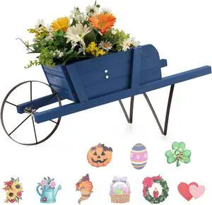 SlickBlue Wooden Wagon Planter with 9 Magnetic Accessories for Garden Yard-Blue