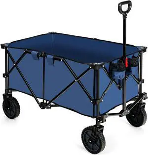 SlickBlue Outdoor Folding Wagon Cart with Adjustable Handle and Universal Wheels-Navy