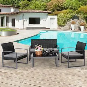 SlickBlue 4 PCS Modern Outdoo Patio Cushioned Rattan Seat