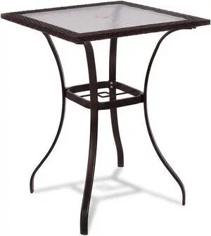 SlickBlue 28.5 Inch Outdoor Patio Square Glass Top Table with Rattan Edging