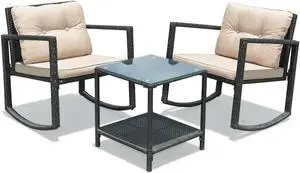 SlickBlue 3 Pcs Cushioned Patio Rattan Set with Rocking Chair and Table