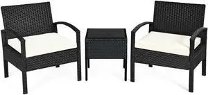 SlickBlue 3 Pieces Outdoor Rattan Patio Conversation Set with Seat Cushions