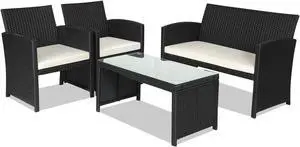 SlickBlue 4 Pieces Rattan Patio Furniture Set with Weather Resistant Cushions and Tempered Glass Tabletop