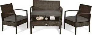 SlickBlue 4 Pieces Patio Rattan Cushioned Furniture Set with Loveseat and Table SlickBlue 4 Pieces Patio Rattan Cushioned Furniture Set with Loveseat and Table