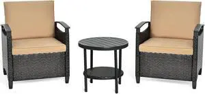 SlickBlue 3 Pieces Patio Rattan Furniture Set Cushioned Sofa Storage Table with Shelf Garden