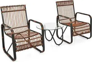 SlickBlue 3 Pieces Patio Rattan Furniture Set with 2 Single Wicker Chairs and Glass Side Table