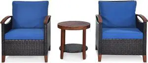SlickBlue 3 Pieces Patio Rattan Furniture Set with Washable Cushion and Acacia Wood Tabletop