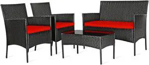 SlickBlue 4 Pieces Patio Rattan Cushioned Sofa Set with Tempered Glass Coffee Table