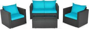 SlickBlue 4 Pieces Patio Rattan Conversation Set with Padded Cushion and Tempered Glass Coffee Table