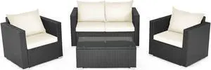 SlickBlue 4 Pieces Patio Rattan Conversation Set with Padded Cushion and Tempered Glass Coffee Table