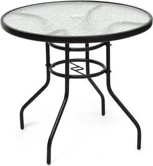 SlickBlue 32 Inch Patio Tempered Glass Steel Frame Round Table with Convenient Umbrella Hole