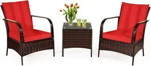 SlickBlue 3 Pcs Patio Conversation Rattan Furniture Set with Glass Top Coffee Table and Cushion