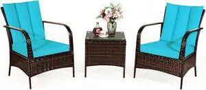 SlickBlue 3 Pcs Patio Conversation Rattan Furniture Set with Glass Top Coffee Table and Cushion