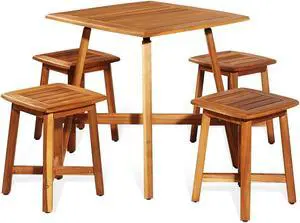 SlickBlue 5 Pieces Wood Patio Dining Set with Square Table and 4 Stools