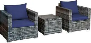 SlickBlue 3 Pieces Patio Rattan Furniture Bistro Sofa Set with Cushioned