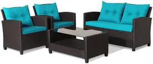 SlickBlue 4 Pieces Patio Rattan Furniture Set with Tempered Glass Coffee Table