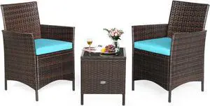SlickBlue 3 Pieces Patio Rattan Furniture Set Cushioned Sofa and Glass Tabletop Deck