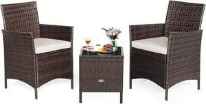 SlickBlue 3 Pieces Patio Rattan Furniture Set Cushioned Sofa and Glass Tabletop Deck