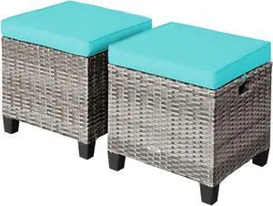 SlickBlue 2 Pieces Patio Rattan Ottoman Seat with Removable Cushions