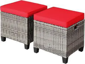 SlickBlue 2 Pieces Patio Rattan Ottoman Seat with Removable Cushions