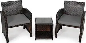 SlickBlue 3 Pieces PE Rattan Wicker Furniture Set with Cushion Sofa Coffee Table for Garden