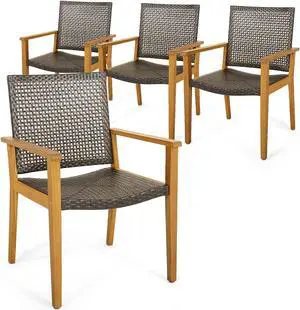 SlickBlue Set of 4 Outdoor Rattan Chair with Sturdy Acacia Wood Frame-Set of 4