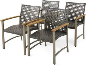 SlickBlue Set of 4 Patio Rattan Dining Chairs with Acacia Wood Armrests-Set of 4