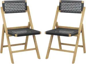 SlickBlue Set of 2 Folding Chairs Teak Wood Dining Chairs with Woven Rope Seat and Back