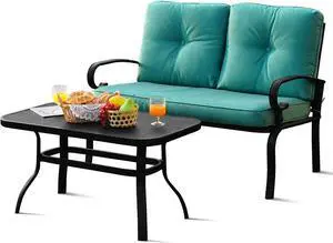 SlickBlue 2 Pieces Patio Loveseat Bench Table Furniture Set with Cushioned Chair