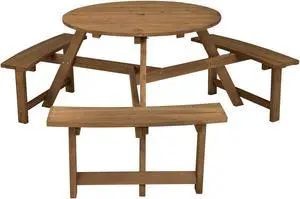 SlickBlue 6-person Round Wooden Picnic Table with Umbrella Hole and 3 Built-in Benches