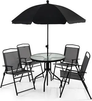SlickBlue 6 Pieces Patio Dining Set Folding Chairs Glass Table Tilt Umbrella for Garden