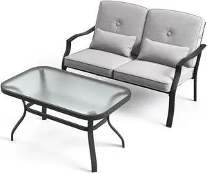 SlickBlue Outdoor Loveseat Chair Set with Tempered Glass Coffee Table