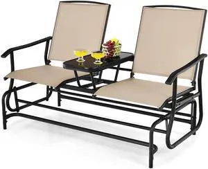 SlickBlue 2-Person Double Rocking Loveseat with Mesh Fabric and Center Tempered Glass Table