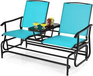 SlickBlue 2-Person Double Rocking Loveseat with Mesh Fabric and Center Tempered Glass Table