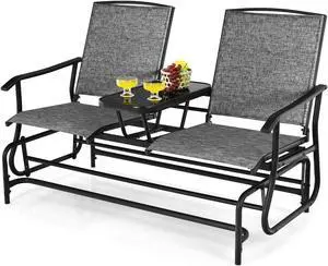 SlickBlue 2-Person Double Rocking Loveseat with Mesh Fabric and Center Tempered Glass Table