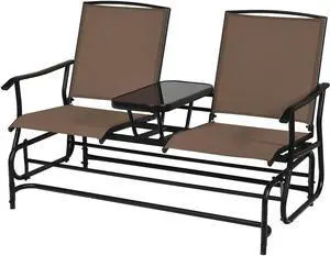 SlickBlue 2-Person Double Rocking Loveseat with Mesh Fabric and Center Tempered Glass Table