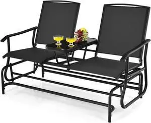 SlickBlue 2-Person Double Rocking Loveseat with Mesh Fabric and Center Tempered Glass Table