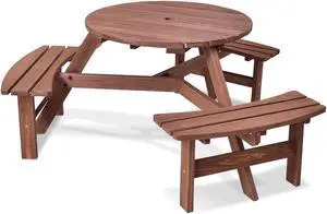SlickBlue 6 Person Wooden Picnic Table Set with Bench and Umbrella Hold
