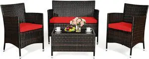 SlickBlue 4 Pieces Comfortable Outdoor Rattan Sofa Set with Glass Coffee Table