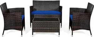 SlickBlue 4 Pieces Comfortable Outdoor Rattan Sofa Set with Glass Coffee Table