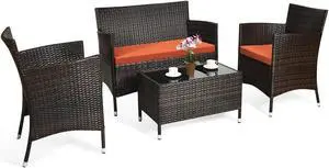 SlickBlue 4 Pieces Comfortable Outdoor Rattan Sofa Set with Glass Coffee Table