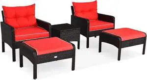SlickBlue 5 Pieces Patio Rattan Sofa Ottoman Furniture Set with Cushions