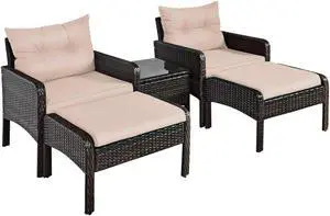 SlickBlue 5 Pieces Patio Rattan Sofa Ottoman Furniture Set with Cushions