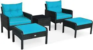 SlickBlue 5 Pieces Patio Rattan Sofa Ottoman Furniture Set with Cushions