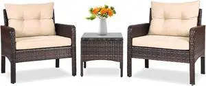 SlickBlue 3 Pieces Outdoor Patio Rattan Conversation Set with Seat Cushions