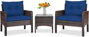 SlickBlue 3 Pieces Outdoor Patio Rattan Conversation Set with Seat Cushions