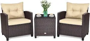 SlickBlue 3 Pcs Patio Rattan Furniture Set Cushioned Conversation Set Coffee Table